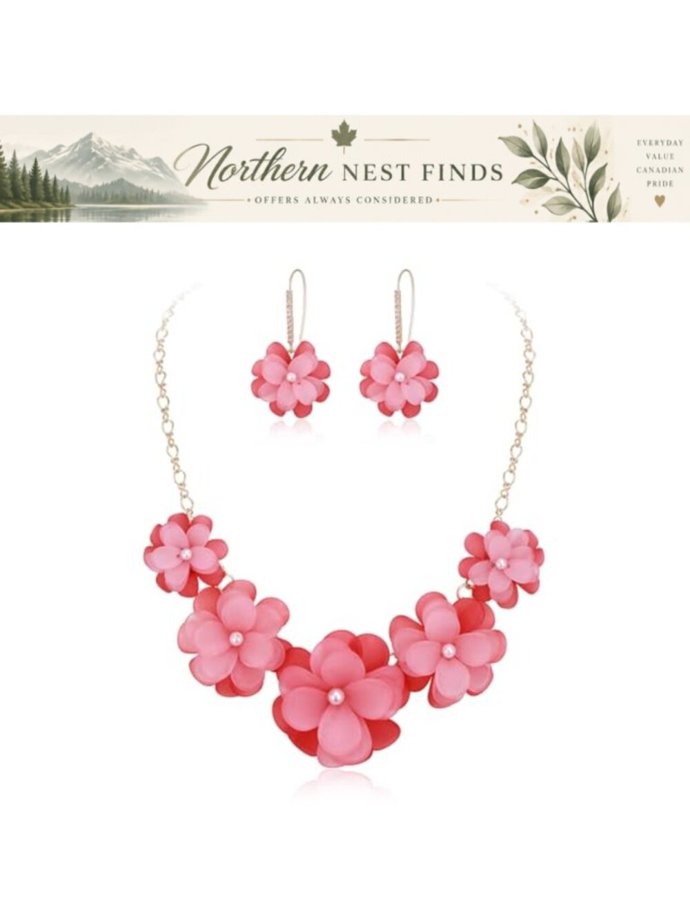 Statement Floral Necklace & Earrings Set Crystal Adjustable Boho